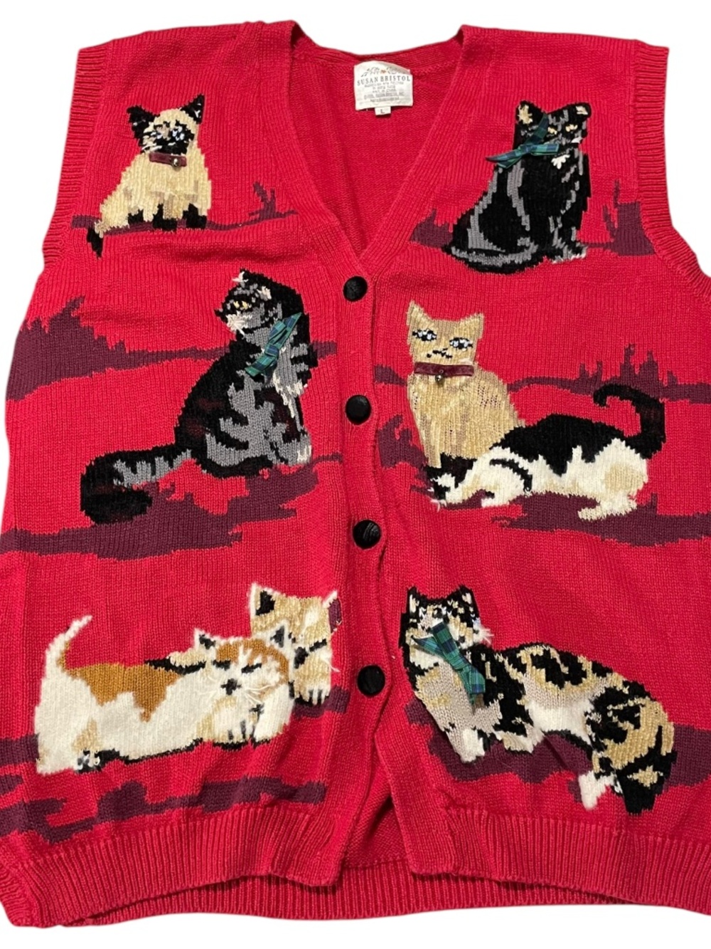 Cat Hand Knit Sweatervest L Sweater Vest Kitty V-Neck Red Grannycore Applique